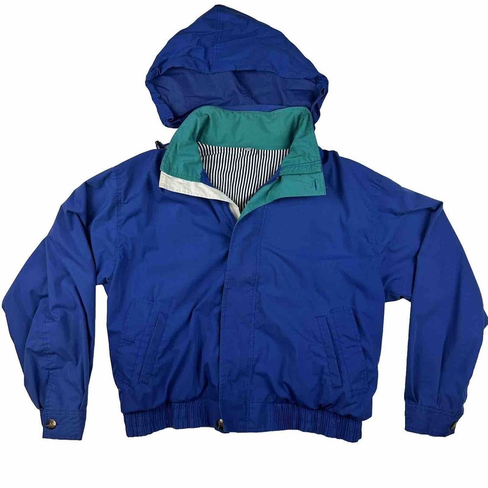 Vintage 90’s Jacket Mens Size Large With Hidden Hood Pinstripe Lining Blue